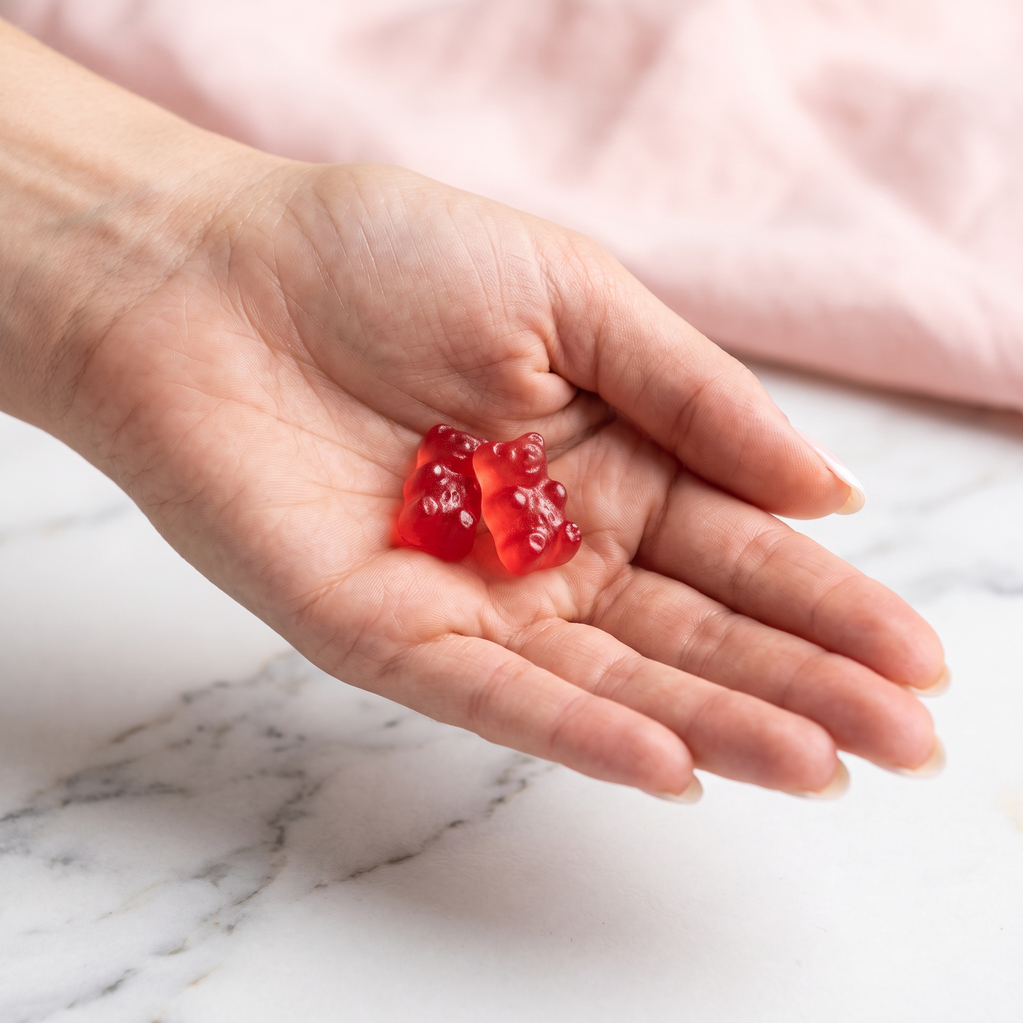 Two watermelon gummies in an open hand