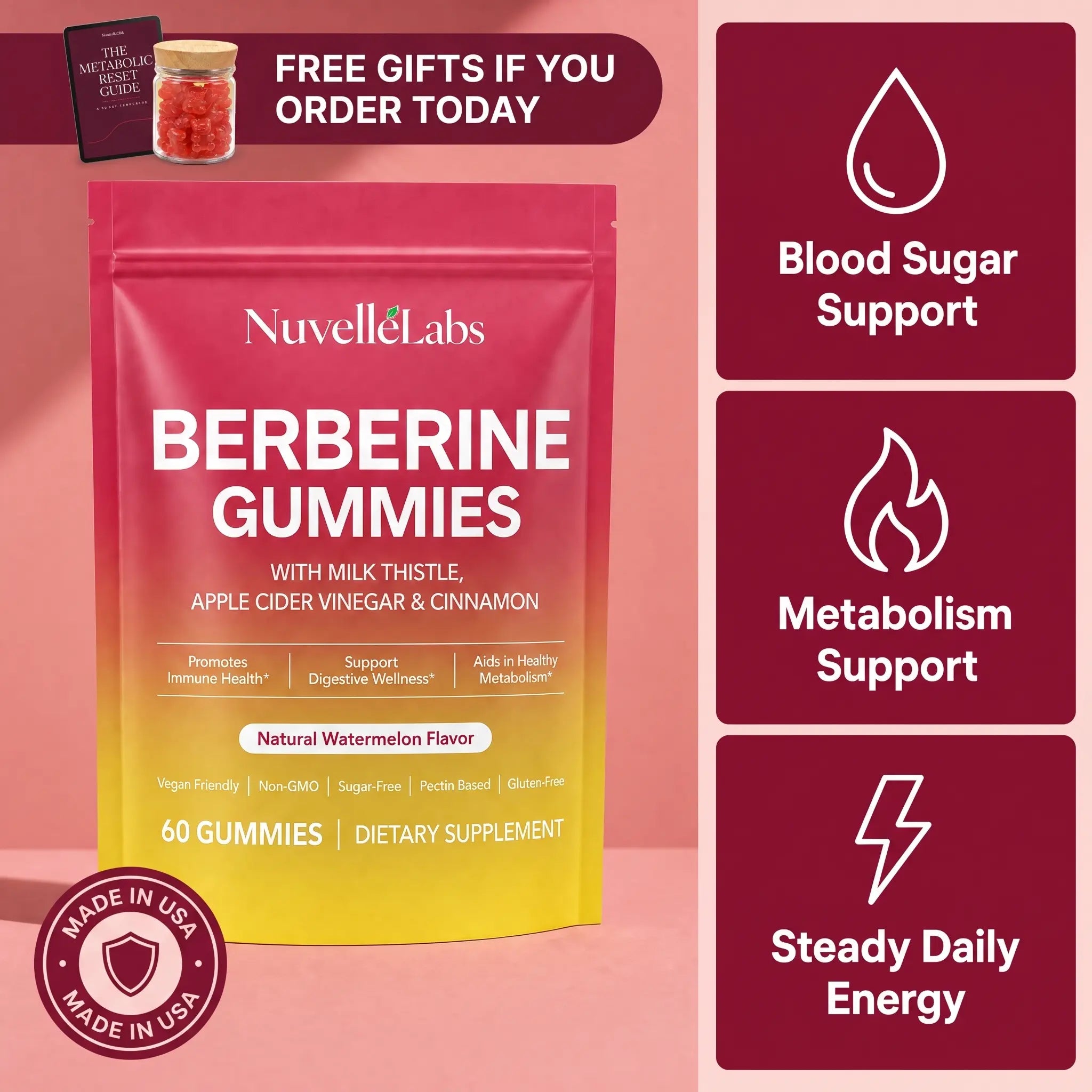 NuvelleLab Berberine Gummies, 60 gummies with free gifts and a 60-day guarantee